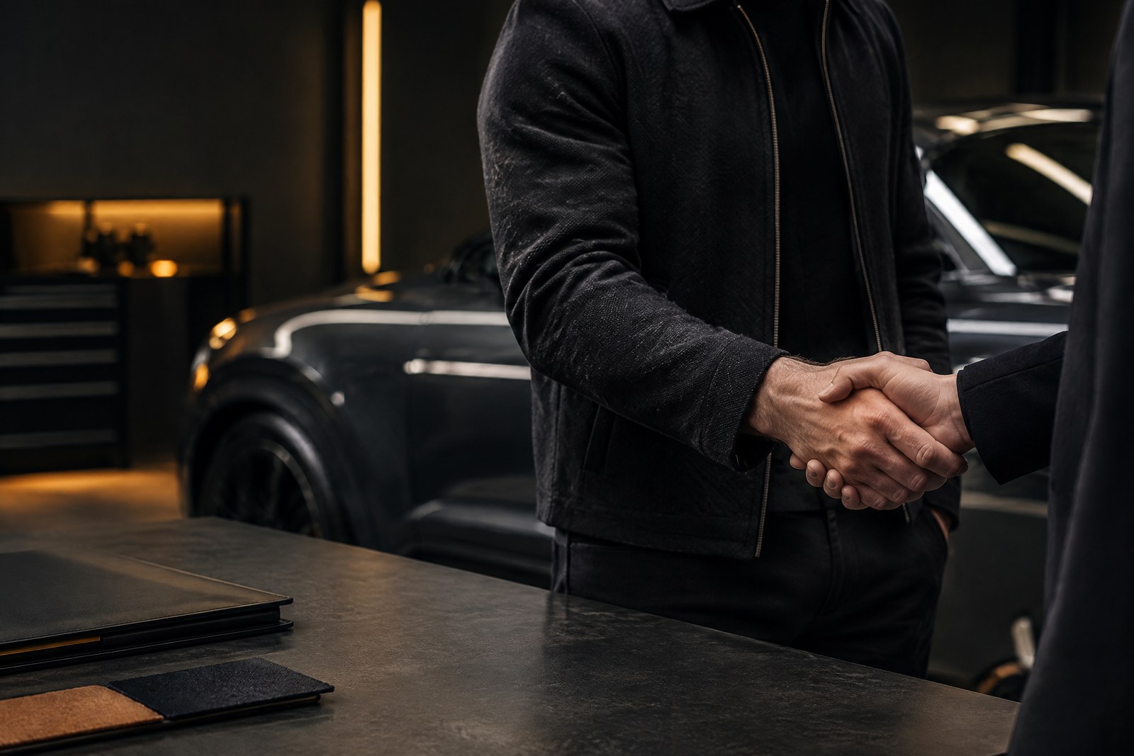 Two people shaking hands during a vehicle project consultation at PrimeAutoz
